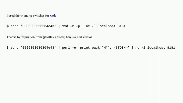 Unix: convert a hex string to binary and send with netcat смотреть онлайн