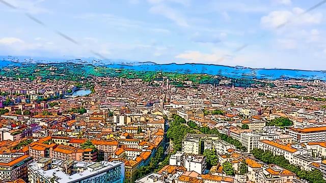 Color sketch in cartoon style. Verona, Italy. Flying over the historic city center. Roofs of houses смотреть онлайн