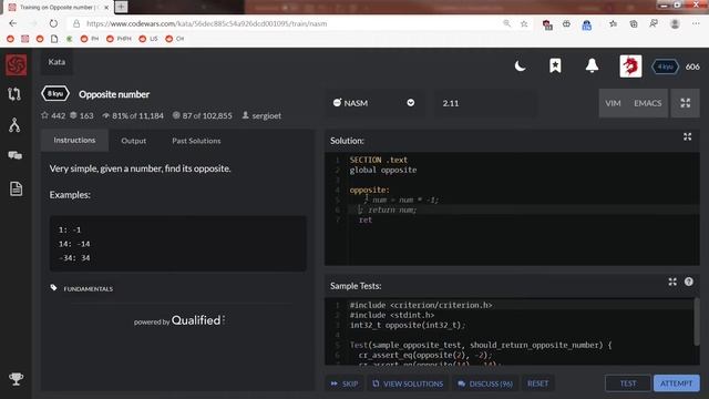 CodeWars In NASM Assembly #4 - Debugging (Opposite Number) смотреть онлайн
