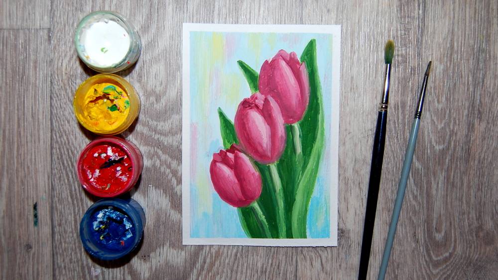 Как нарисовать цветы на 8 марта. Рисуем тюльпаны гуашью смотреть онлайн