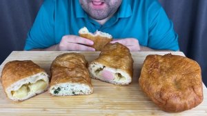 ASMR Eating Russian Street Food (Russian Food: Sausage Potato Pie, Egg & Onion Pie, Meat Pie)Mukban