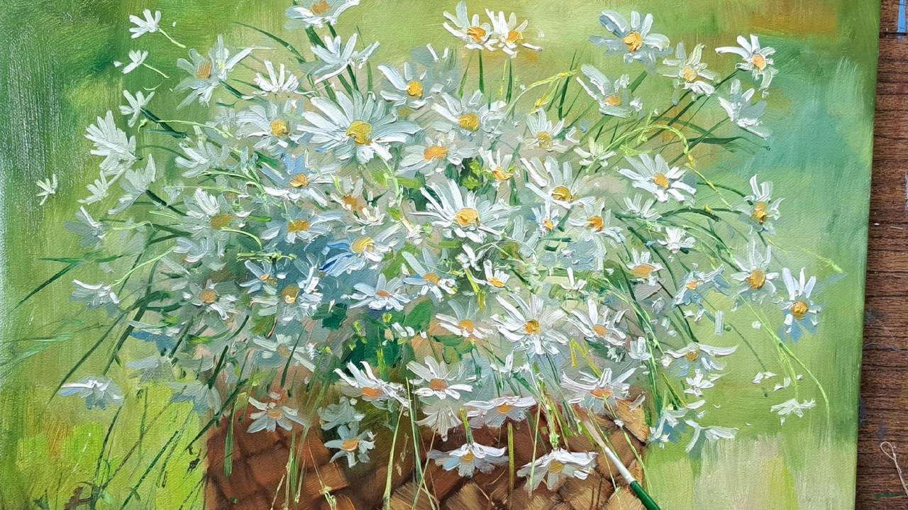 Картина маслом .Ромашки.