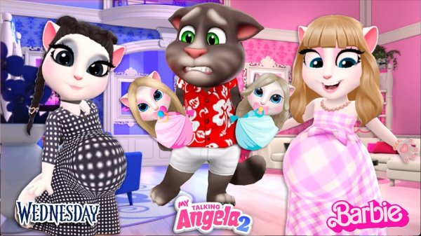 🖼 My Talking Angela 2 | Pregnant Wednesday and Pregnant Barbie VS Tom and his daughters | cosplay →