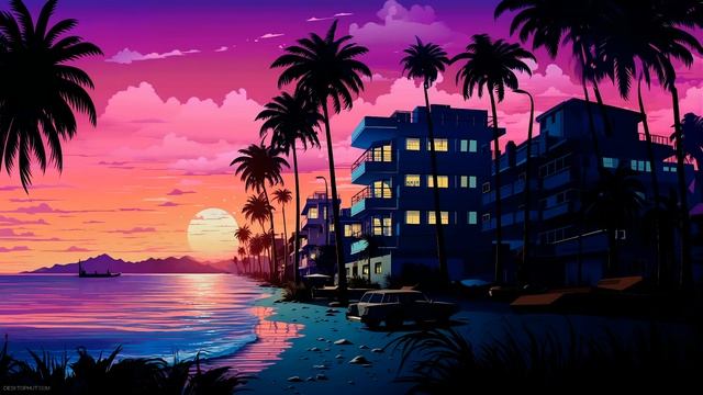 Пейзаж | Retrowave Sunset Palm Tree and Beach - Живые Обои смотреть онлайн