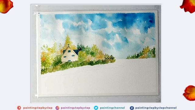 WATERCOLOR PAINTING FOR BEGINNERS | HOW TO DRAW AUTUMN SCENERY EASY | FALL FOREST LAKE HOUSE DRAWIN смотреть онлайн