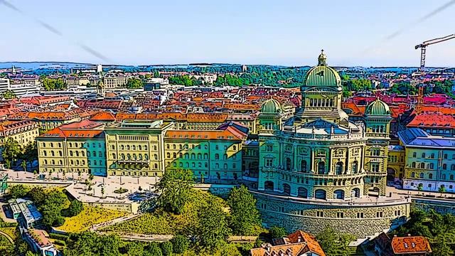 Color sketch in cartoon style. Bern, Switzerland. Federal Palace - Bundeshaus, Historic city center смотреть онлайн