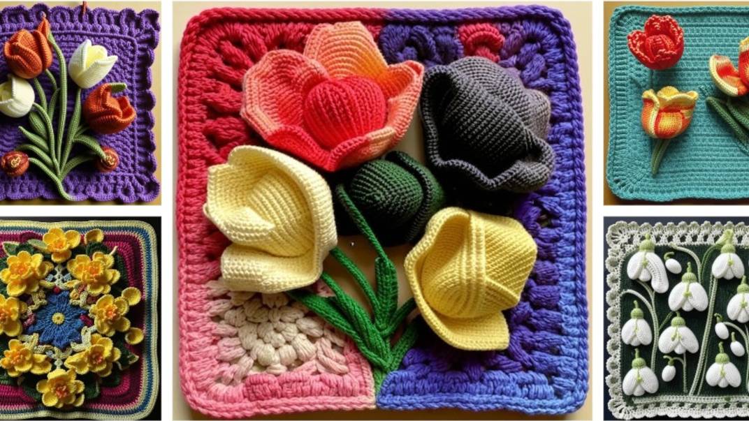 Квадратные вязаные мотивы с ВЕСЕННИМИ ЦВЕТАМИ от нейросети. ПОДБОРКА №21. смотреть онлайн