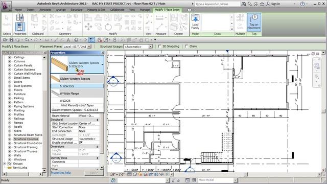 REVIT ARCH 2012 FIRST PROJECT 53 LOAD BEAMS COLUMNS AND PLACE 2ND FL BEAMS смотреть онлайн