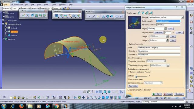 CATIA V5 - SURFACING -SWEEP WITH REFERENCE SURFACE COMMAND смотреть онлайн