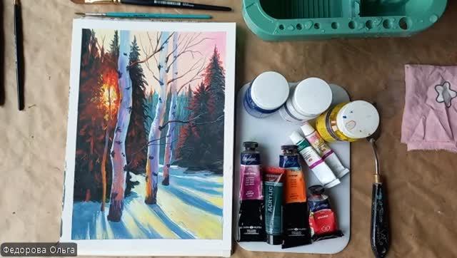 Акрил. Закат в мартовском лесу смотреть онлайн