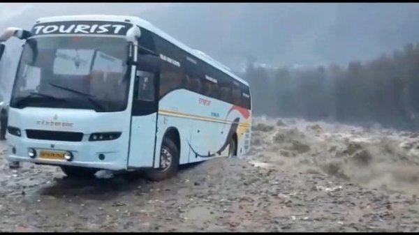 Volvo Bus Drowns in Beas River at Kullu-Manali Bus Stand due to heavy rainfall triggered flood