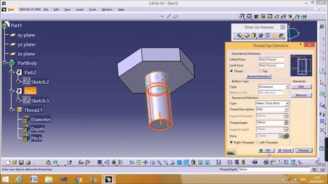 CATIA V5 Tutorials for Beginners. Part 21 - Thread & Tap. смотреть онлайн