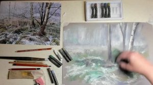 Пейзаж в серебристых тонах масляной пастелью