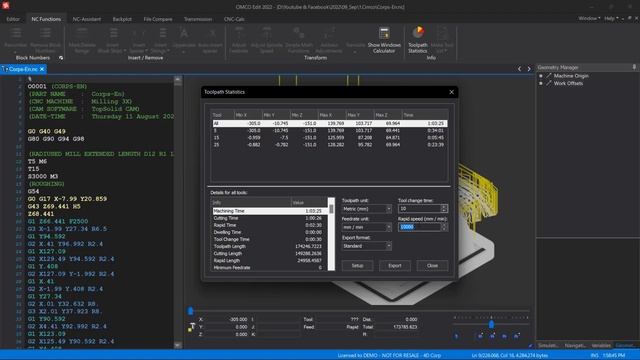 CIMCO Edit 2022 : Toolpath Statistics