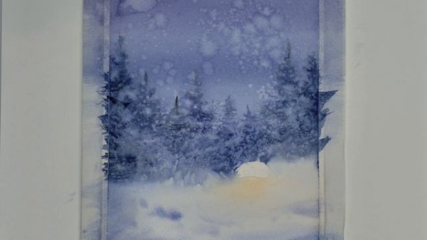 Рисую домик в зимнем лесу. Акварель. Зима.
