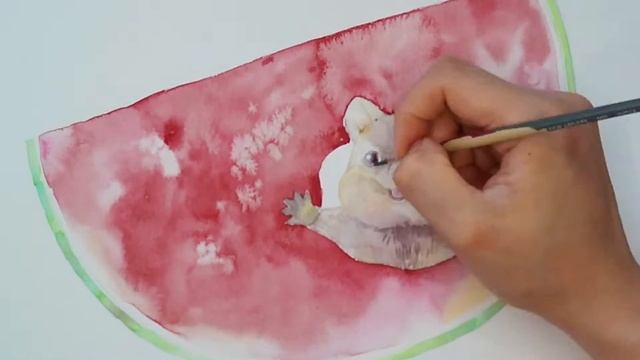 Quokka in a melon- watercolour drawing video смотреть онлайн