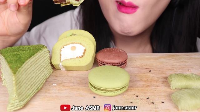 ASMR GREEN TEA CHOCOALTE GELATO, GREEN TEA CREPE CAKE, DRAGON BEARD CANDY 녹차 디저트 먹방 JANE ASMR 제인