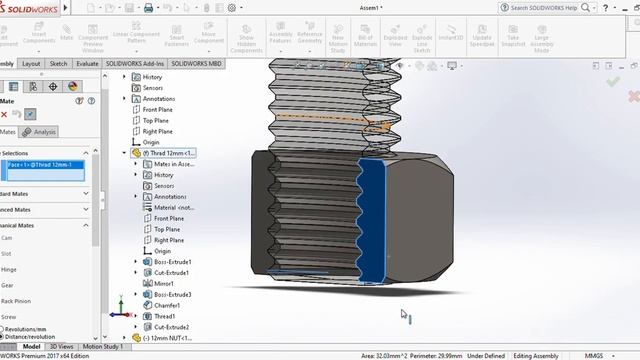 SOLIDWORKS TUTORIAL 08- Part 03-Thread Features. Assembly Nut & Bolt(T-Bolt, T-Nut & assembly) смотреть онлайн