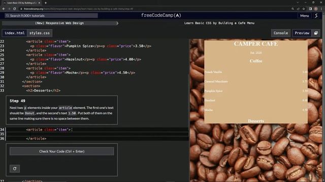 Learn Basic CSS by Building a Cafe Menu - Step 49 смотреть онлайн
