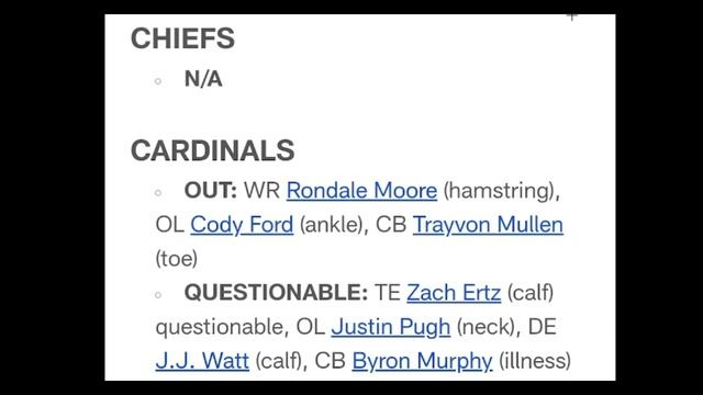 Arizona Cardinals Vs Kansas City Chiefs Injury Report