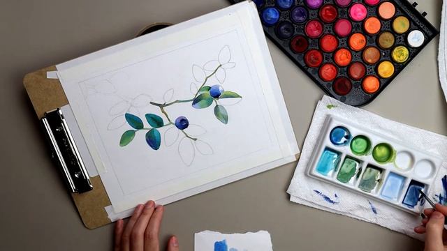 Watercolor Blueberry Drawing - Watercolor Lesson with Pagos 48 Paints Watercolor Beginner Set смотреть онлайн