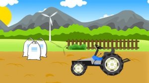 Blue Tractor with Front Loader and Planting Potatoes - Animated Farm for Children