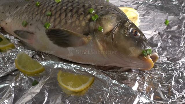 Carp Fish On Foil Marinated With Vegetables And Lemon Healthy Food Good Diet Tasty Omega 3 Waiting