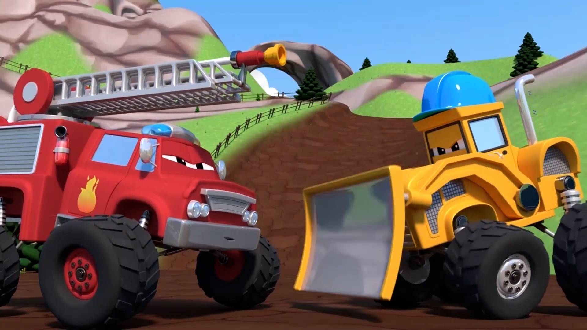 МОНСТР-ТРАК - Пожарная машина и Бульдозер соревнуются! - Монстр Траки | детский мультфильм. Мультик смотреть онлайн