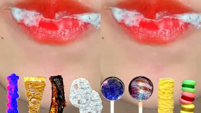 ASMR EMOJI ЗВУК ПОЕДАНИЯ ЕДЫ MUKBANG торт🎂 желе💟 пудинг💜 космические конфеты🌎 макаронс жевательн смотреть онлайн