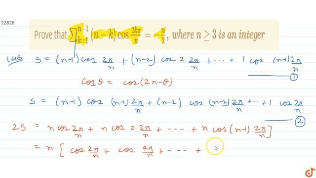 IIT JEE TRIGONOMETRIC FUNCTIONS Prove that `sum_(k=1)^(n-1)(n-k)cos(2kpi)/n=-n/2`, where`ngeq3`.. смотреть онлайн
