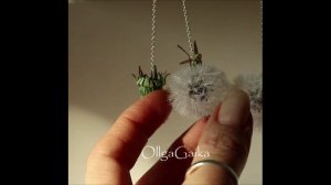 Серьги одуванчики с бутоном. Шёлк, серебро.