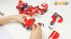 Игрушка 7 в 1. Интерактивный робот-трансформер "Пожарный" (5 машинок, конструктор 130 деталей)