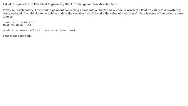 Arduino: How do I convert a float into char\*? смотреть онлайн