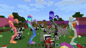 alien dances. pink aliens, transparent aliens, green aliens and negative aliens in Minecraft world