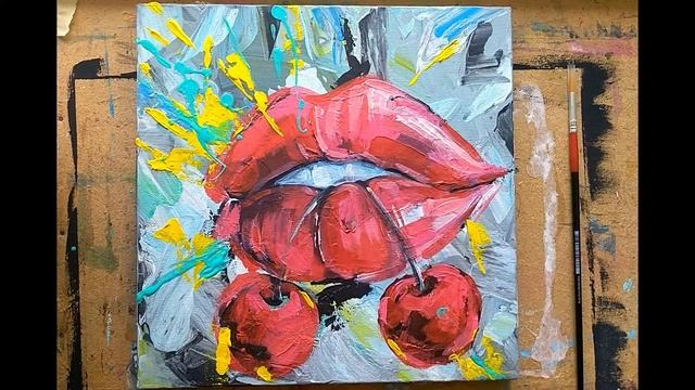 Pop art acrylic painting / Lips with cherry / Daily art смотреть онлайн