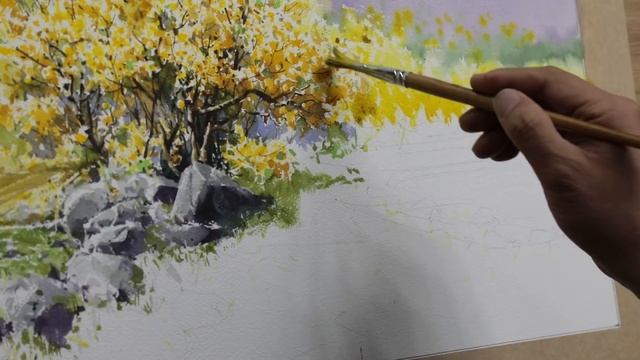 신종식수채화투어[산수유꽃마을]watercolor Painting TV Foundation 水彩画, 水彩畫, Aquarelle, акварельный, A Flower Plant