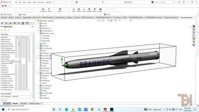 BRAHMOS Flow simulation and aerodynamic testing in solidworks | solidworks simulation tutorial. смотреть онлайн