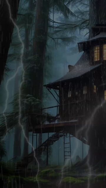 Cozy Tree House in Forest 🌲| Heavy Rain and Lightning ⚡️| Nature Sounds for Sweet Sleep 😴💤 смотреть онлайн