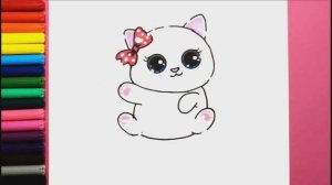 Как нарисовать KAWAII котенка поэтапно. Легкие рисунки для детей. Яркие цвета.