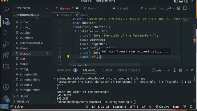 Write a C program to input the first character of the shape and calculate the area. смотреть онлайн