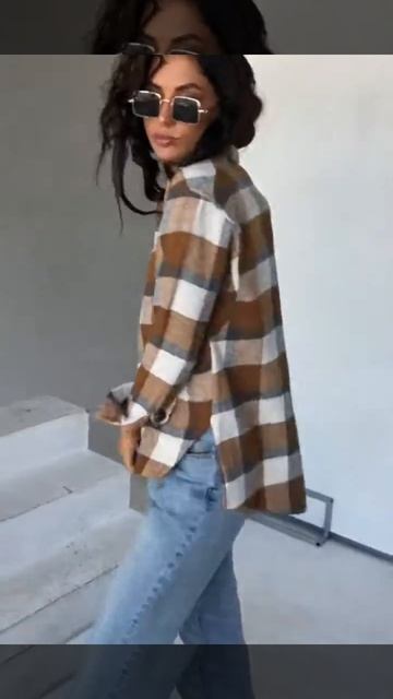 8078 Женская рубашка в клетку из плотной ткани - коричневый цвет