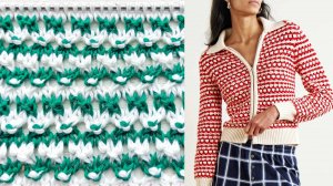 Фактурная двухцветная сетка спицами 💥 Разбор узора кардигана от американского бренда