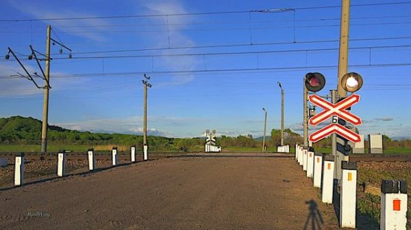 RailWay. Russian railroad crossing. Diesel locomotive & electric locomotive / Тепловоз и электровоз
