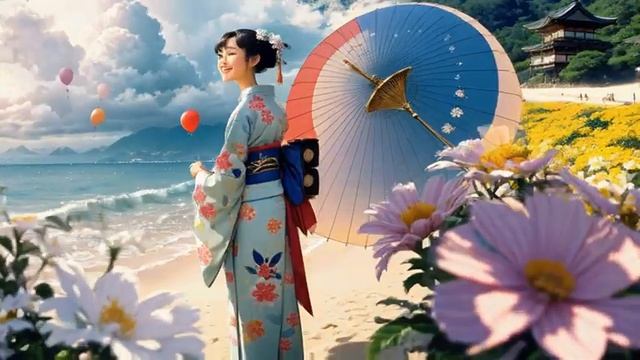 Young and other cute Kimono Maiko beautiful woman playing shamisen on the beach смотреть онлайн