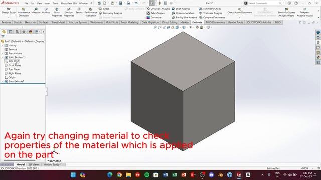 SolidWorks Basic features Tutorial || Sketch, Extrude Boss, Apply Material, Extrude Cut & Evaluate смотреть онлайн