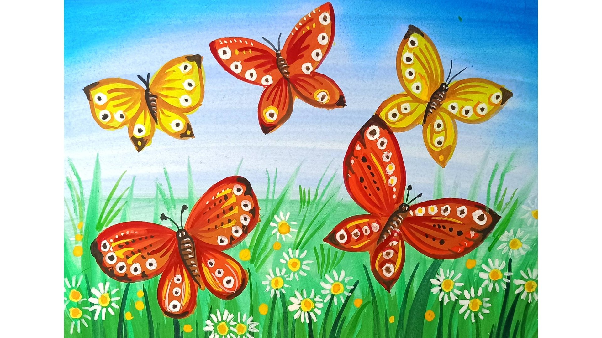 Как просто нарисовать бабочек гуашью используя трафарет. смотреть онлайн