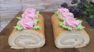 Японский бисквитный рулет со сметанным кремом. Украшение белково заварным кремом