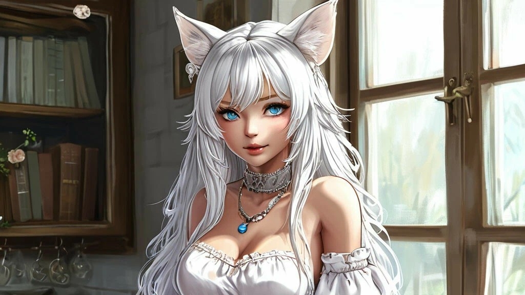 Юлиана русская пошлая пышногрудая девушка с кошачьими ушками, белыми волосами и голубыми глазами. смотреть онлайн