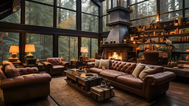 Плавный джаз музыка, звуки камина и нежный дождь в уютной лесной хижине🌧️ смотреть онлайн