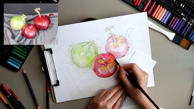 Onion Drawing with Pagos Watercolor Pencils - How to Make Watercolor Pencil Artwork смотреть онлайн